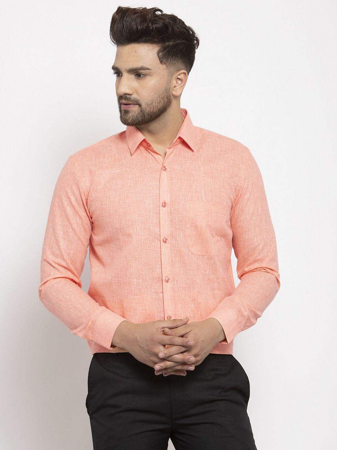 jainish men peach-coloured classic printed pure cotton formal shirt