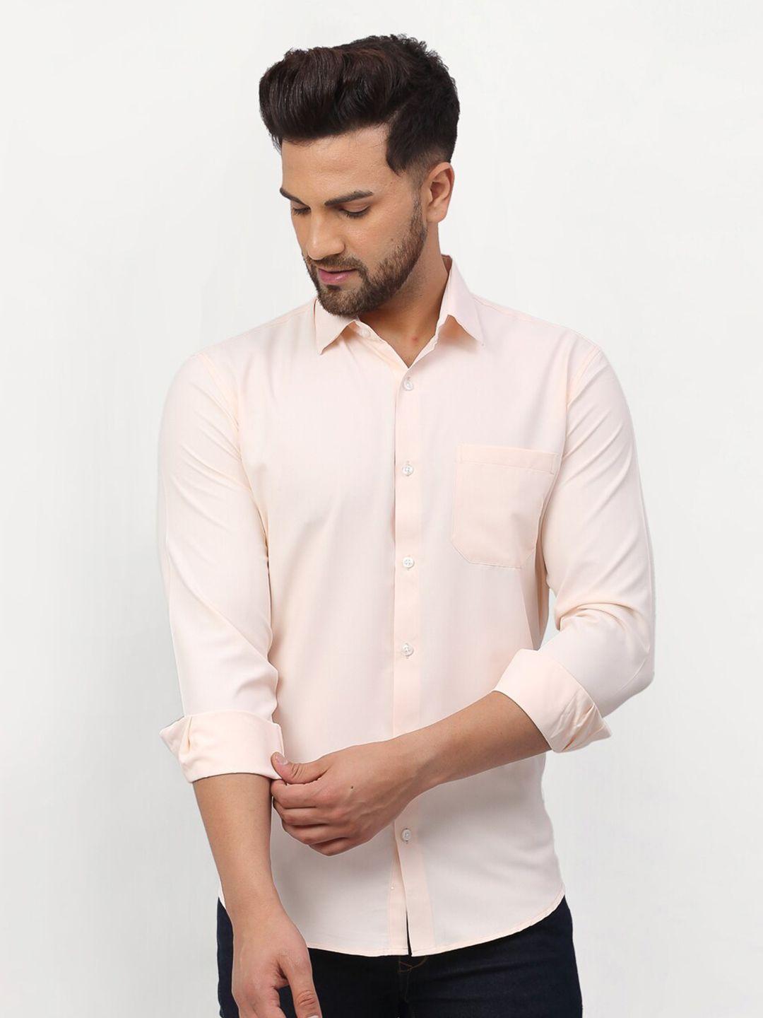 jainish men peach-coloured classic regular fit solid cotton casual shirt