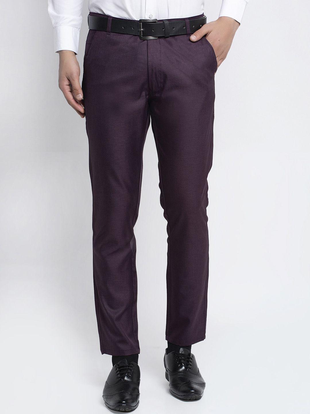 jainish men purple slim fit solid formal trousers