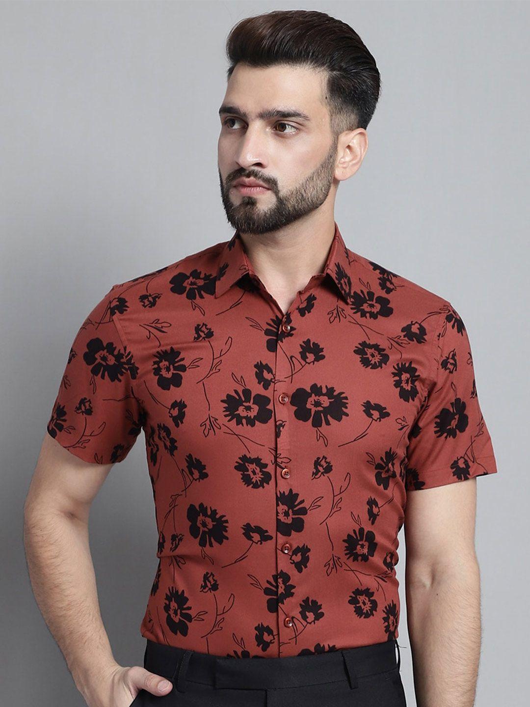 jainish men rust classic floral opaque printed formal shirt