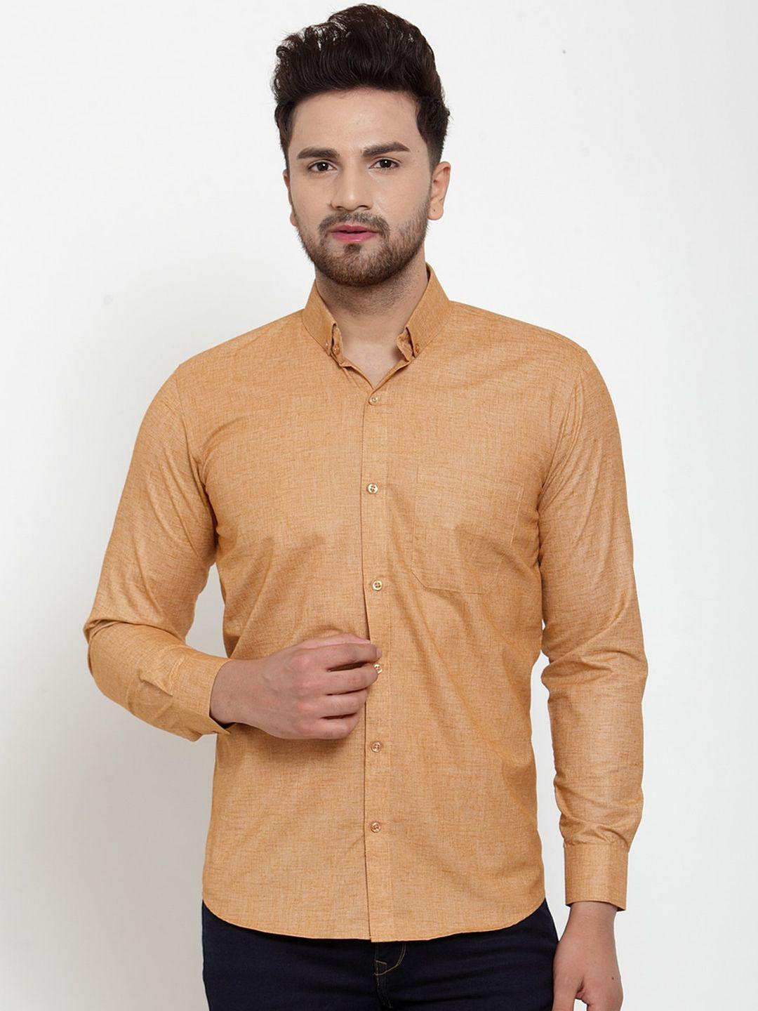 jainish men tan classic regular fit solid casual shirt