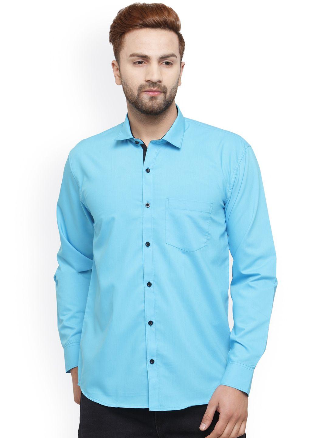 jainish men turquoise blue classic slim fit solid casual shirt