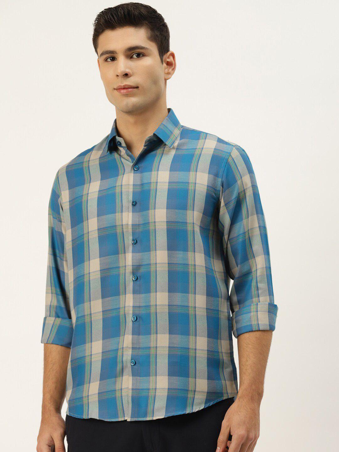jainish men turquoise blue smart tartan checks checked cotton regular fit casual shirt