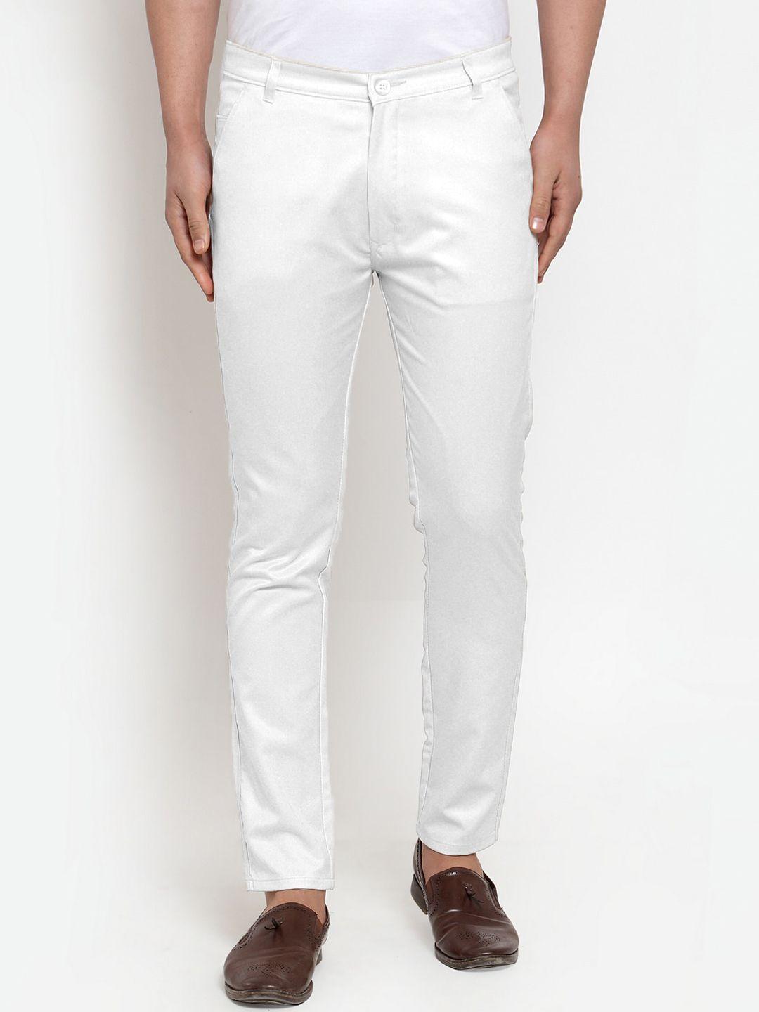 jainish men white smart tapered fit cotton easy wash trousers
