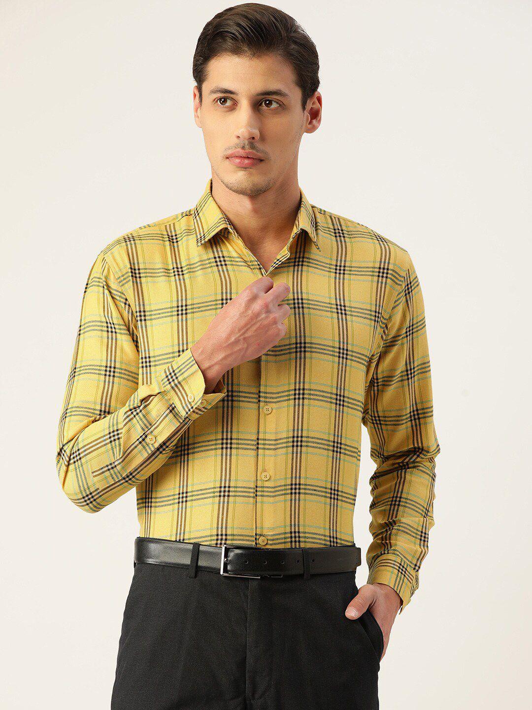 jainish men yellow classic slim fit tartan checks checked formal shirt