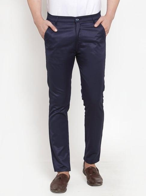 jainish navy cotton regular fit trousers