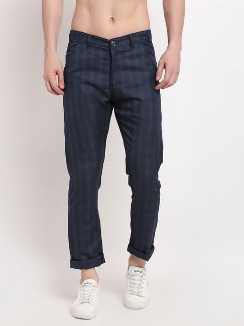 jainish navy cotton tapered fit checks trousers