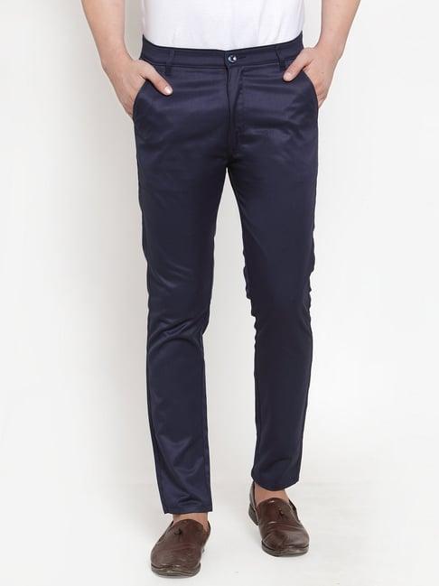 jainish navy cotton tapered fit flat front trousers