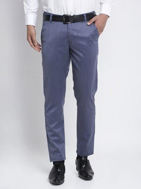 jainish navy cotton tapered fit self pattern flat front trousers