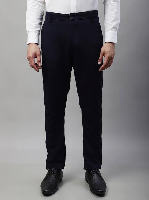 jainish navy cotton tapered fit texture trousers