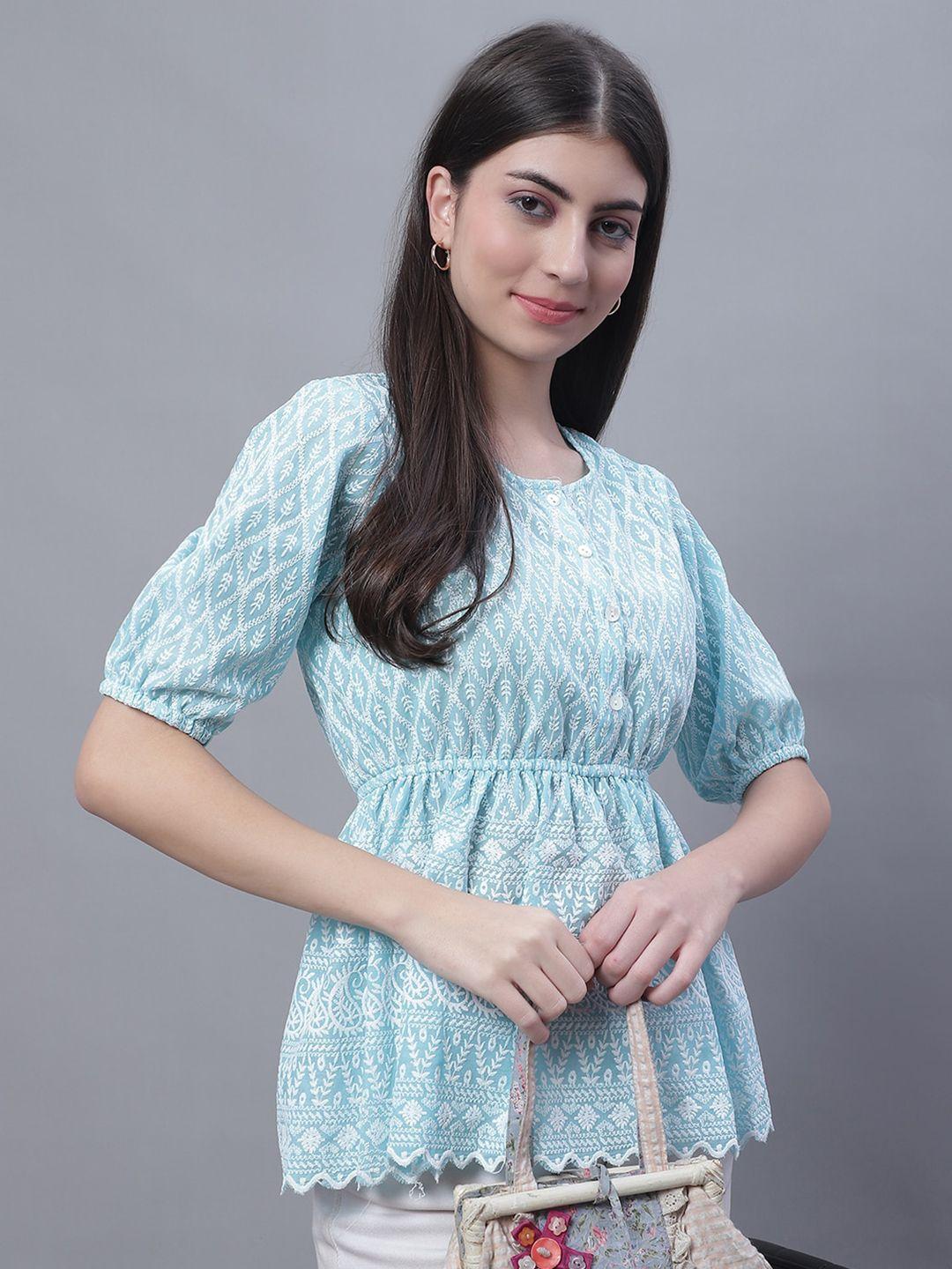 jainish turquoise puff sleeves embroidered pure cotton empire top