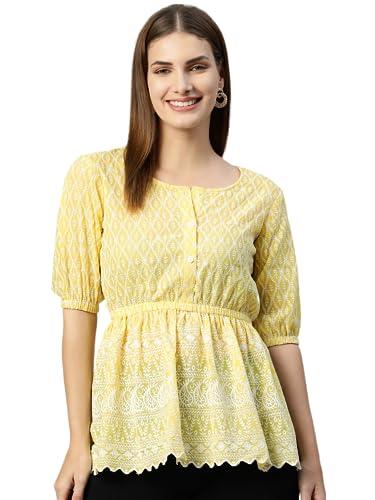 jainish women chikankari work empire top (yellow, l)