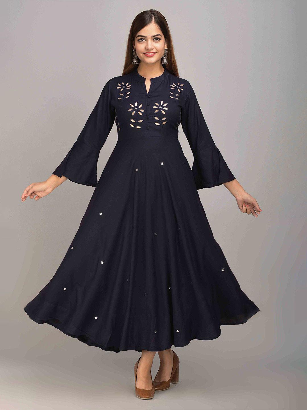 jaipur fashion mode floral embellished mandarin collar bell sleeves mirror work maxi dress