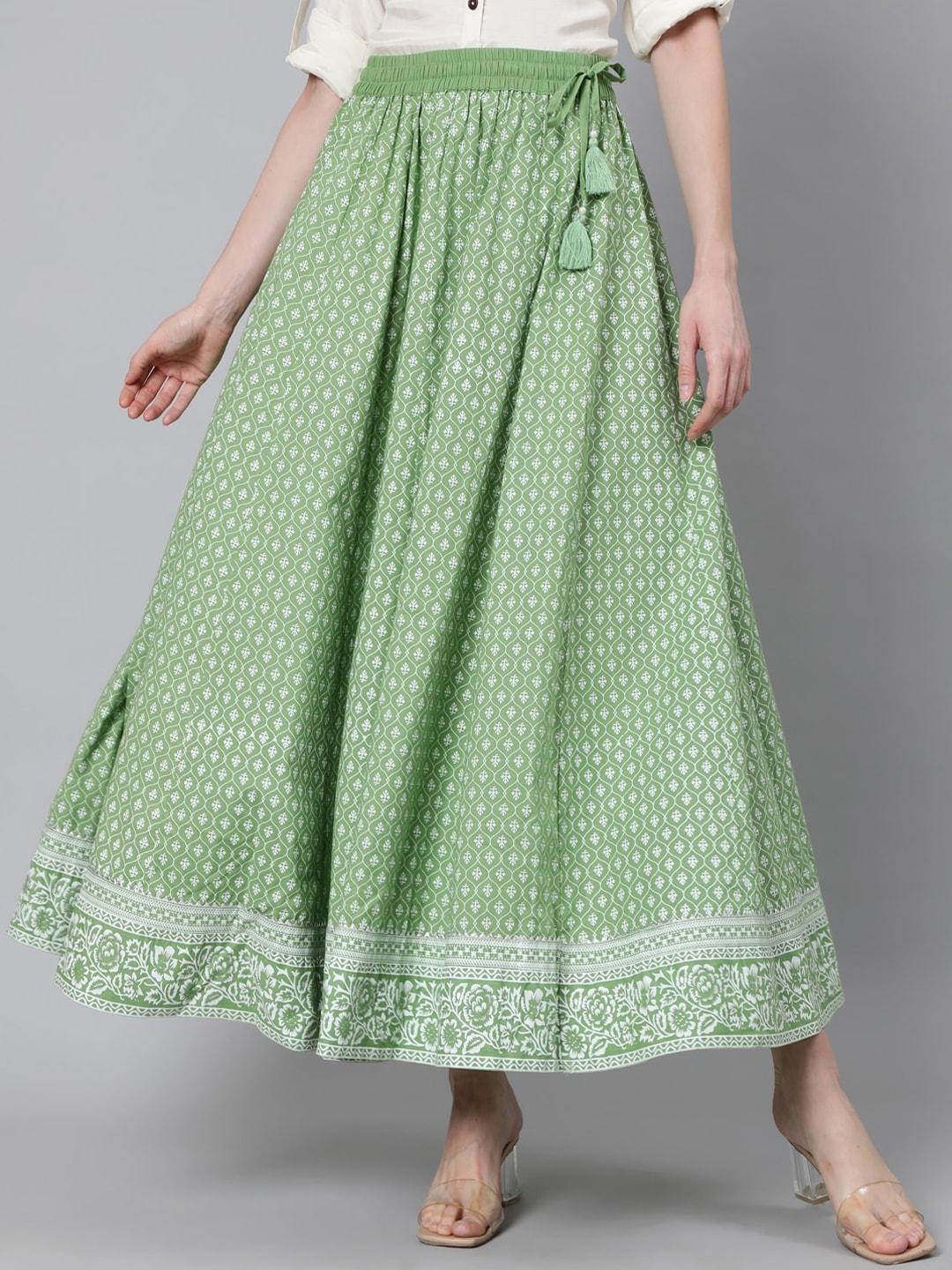 jaipur kurta women green & white printed flared maxi skirt