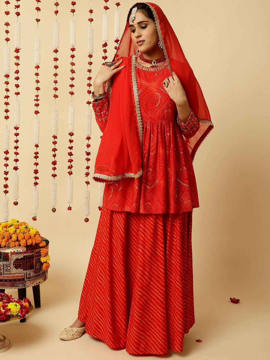 jaipur kurti bandhani printed a-line kurta & skirt with dupatta