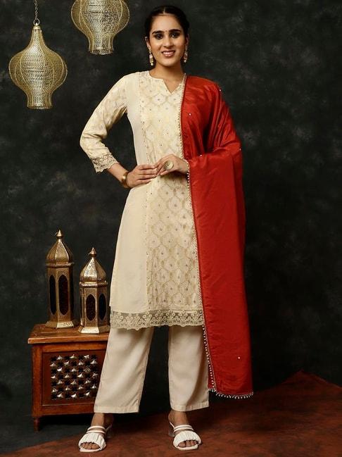 jaipur kurti beige embellished kurta with pant & dupatta