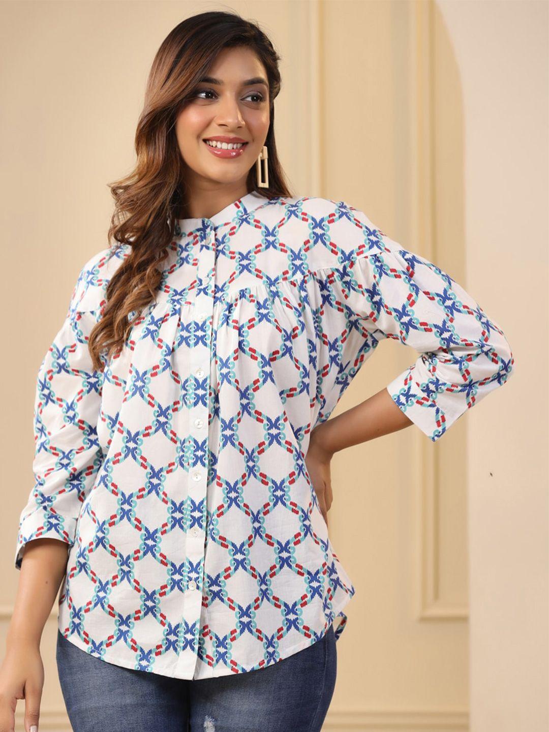jaipur kurti blue & white ethnic printed cotton shirt style top