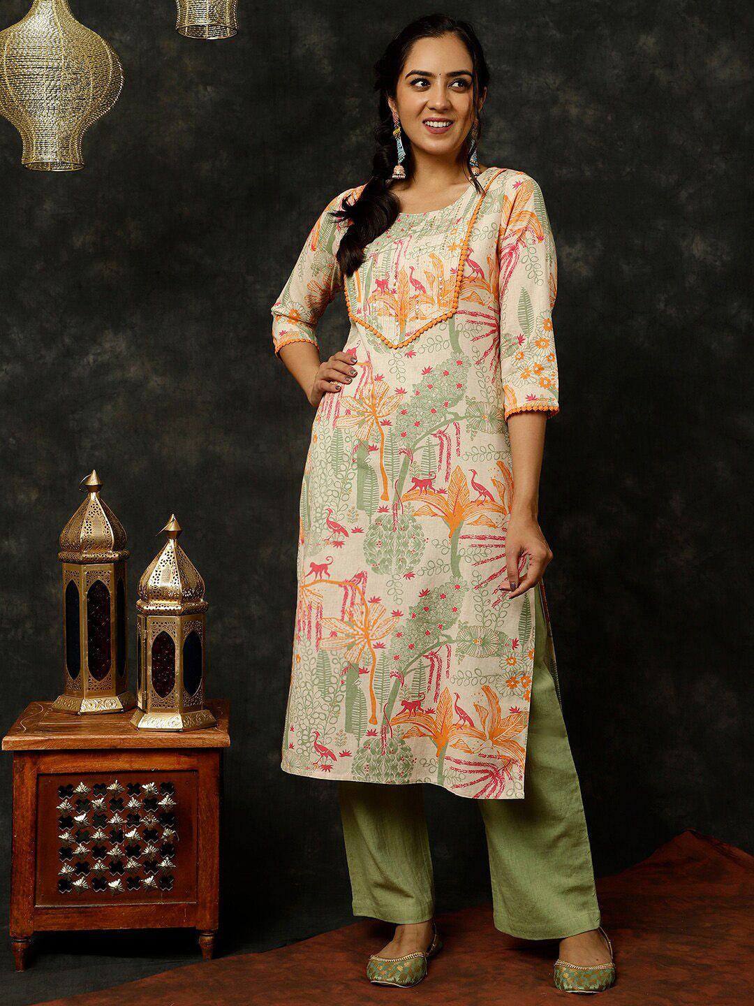 jaipur kurti ethnic motif printed pure cotton straight kurta with palazzos