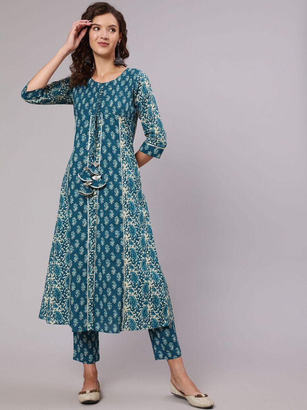 jaipur kurti ethnic motifs printed gotta patti panelled pure cotton kurta with trousers