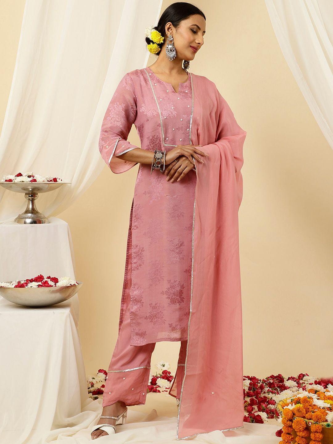 jaipur kurti floral woven design pure silk straight kurta with palazzo & dupatta