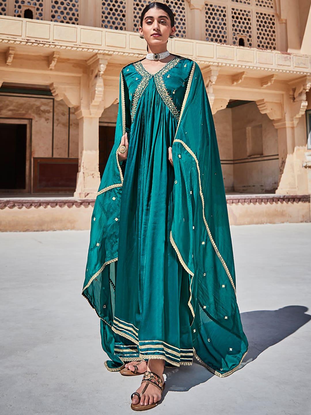 jaipur-kurti-green-&-gold-toned-ethnic-motifs-embroidered-a-line-maxi-ethnic-dress