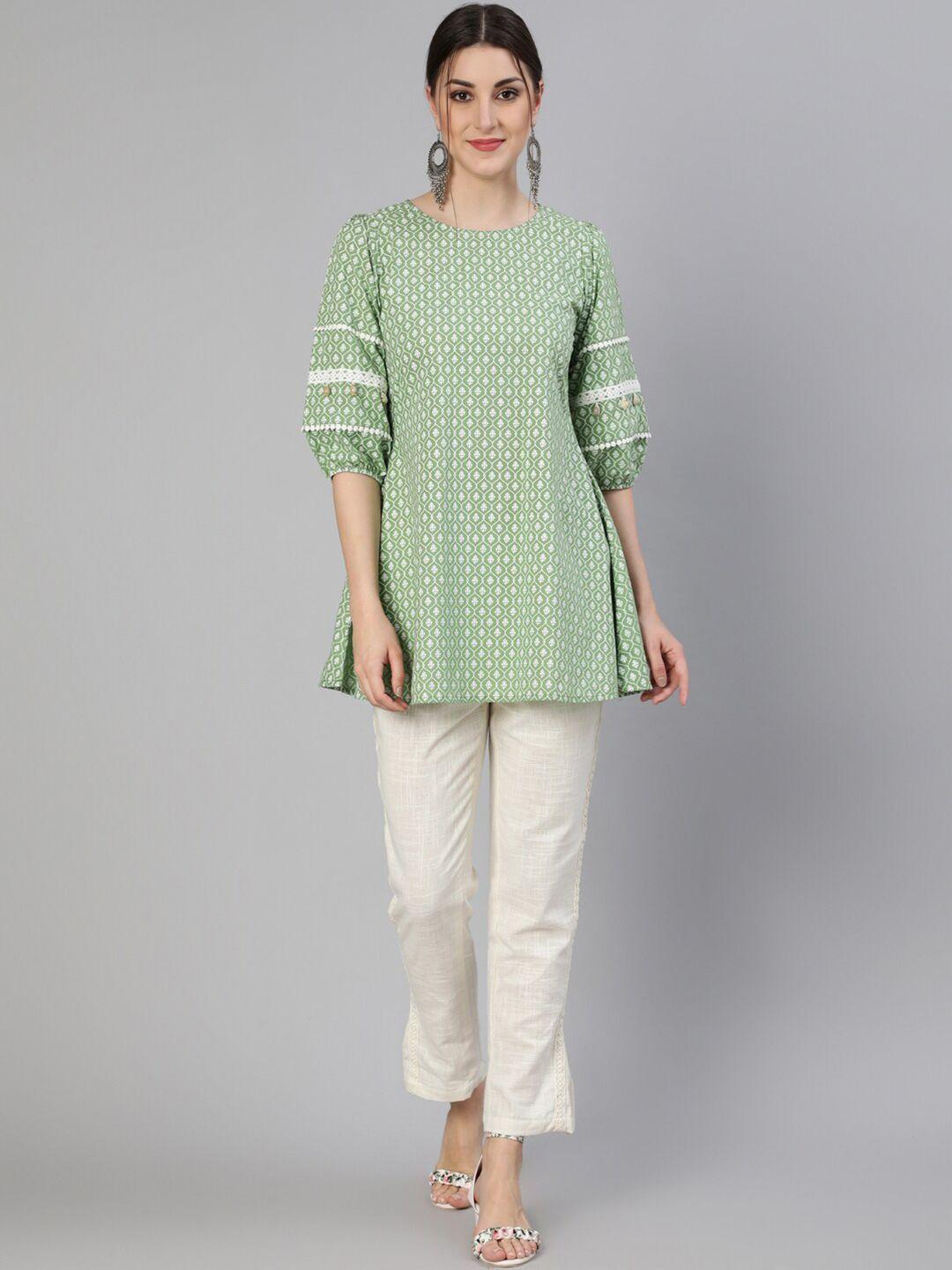 jaipur kurti green & white ethnic motifs printed pure cotton kurtis