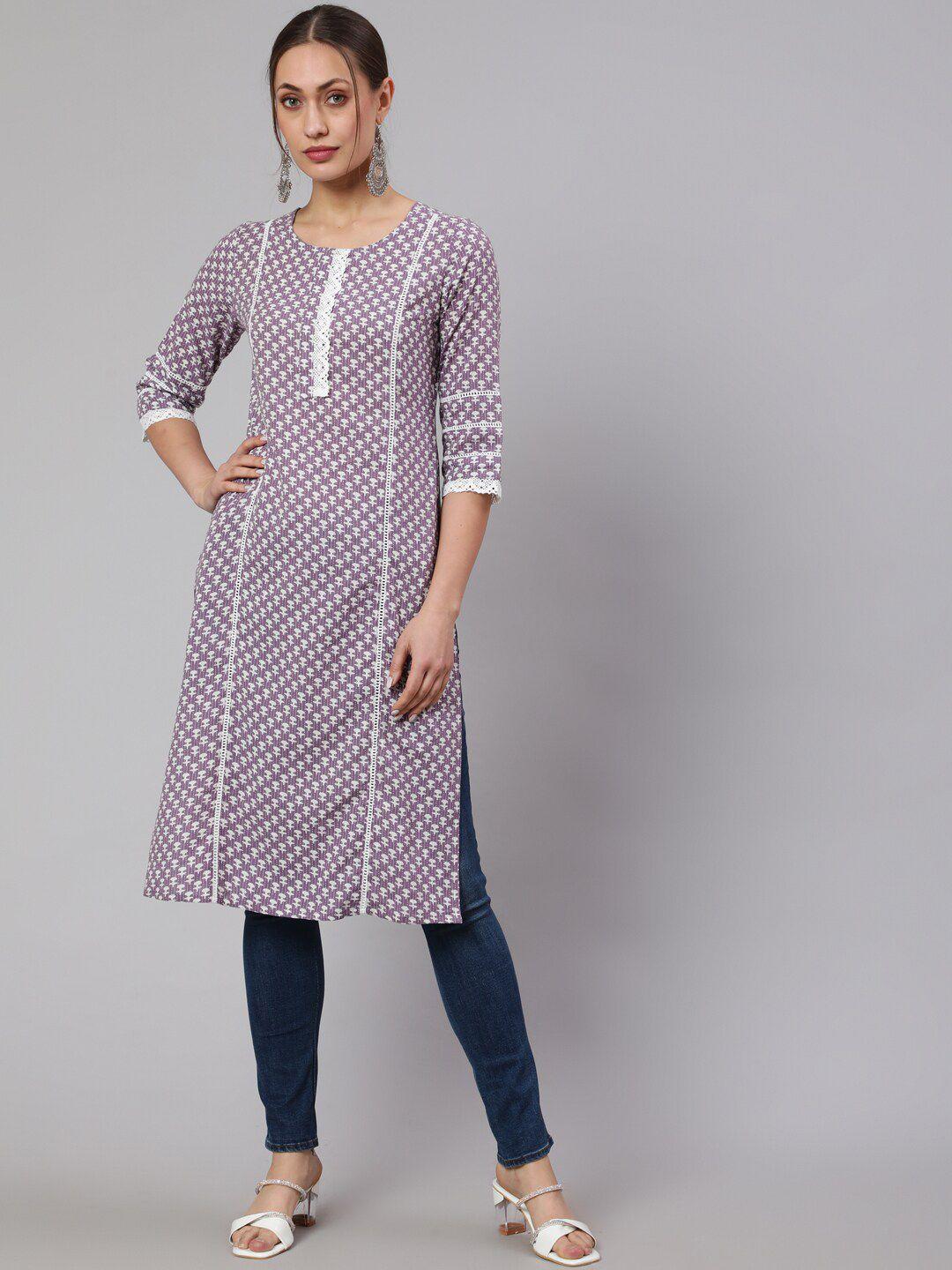 jaipur kurti lavender & off-white ethnic motifs printed straight cotton kurta