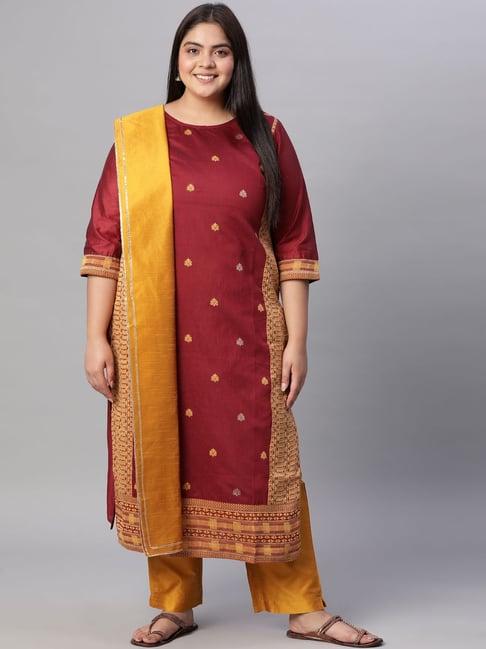 jaipur kurti maroon handloom jacquard woven design kurta with pants & dupatta