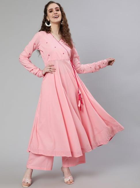 jaipur kurti pink embroidered anarkali kurta & palazzo set