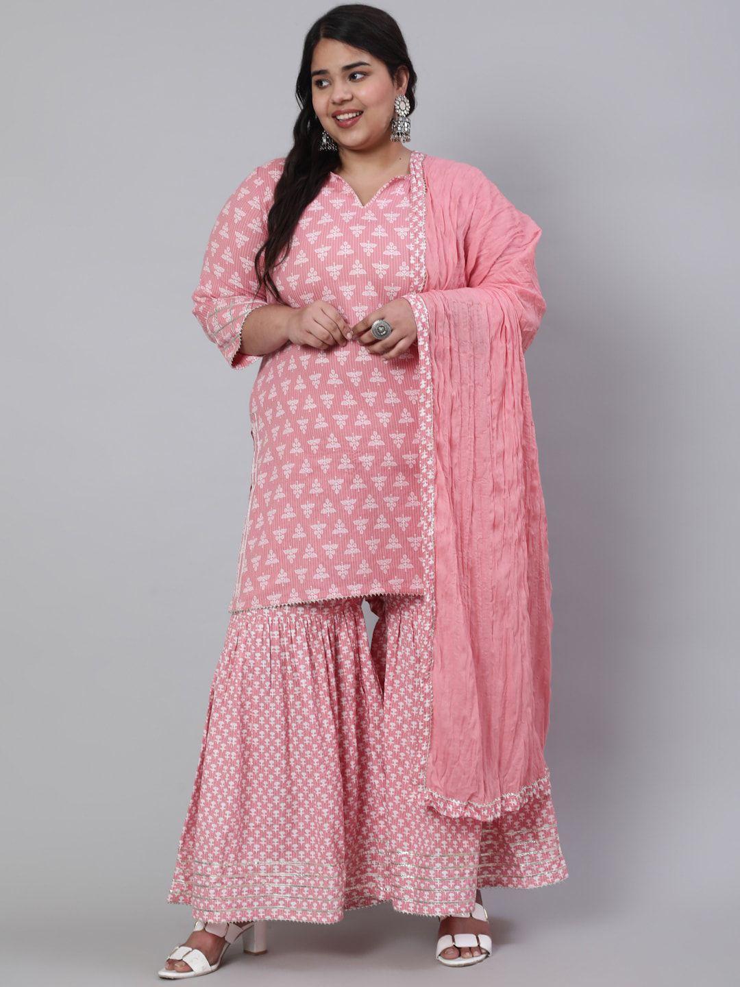 jaipur kurti plus size pink printed embroidered pure cotton kurta with sharara & dupatta