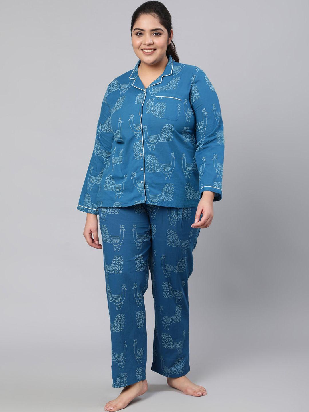 jaipur-kurti-plus-size-women-teal-graphic-printed-cotton-night-suit