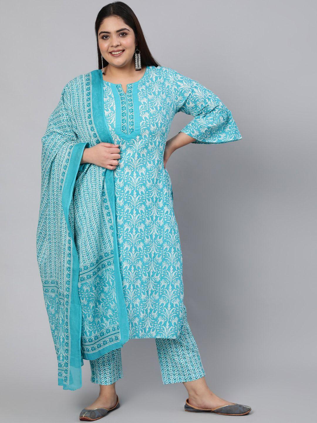 jaipur kurti plus size women turquoise blue ethnic motifs kurta with trouser & dupatta