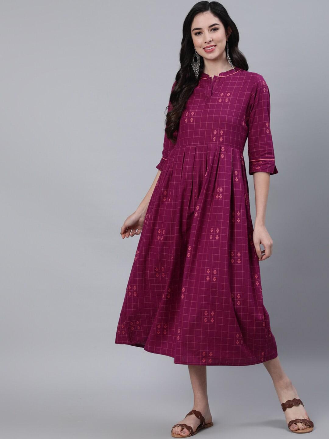 jaipur kurti purple checked a-line midi dress