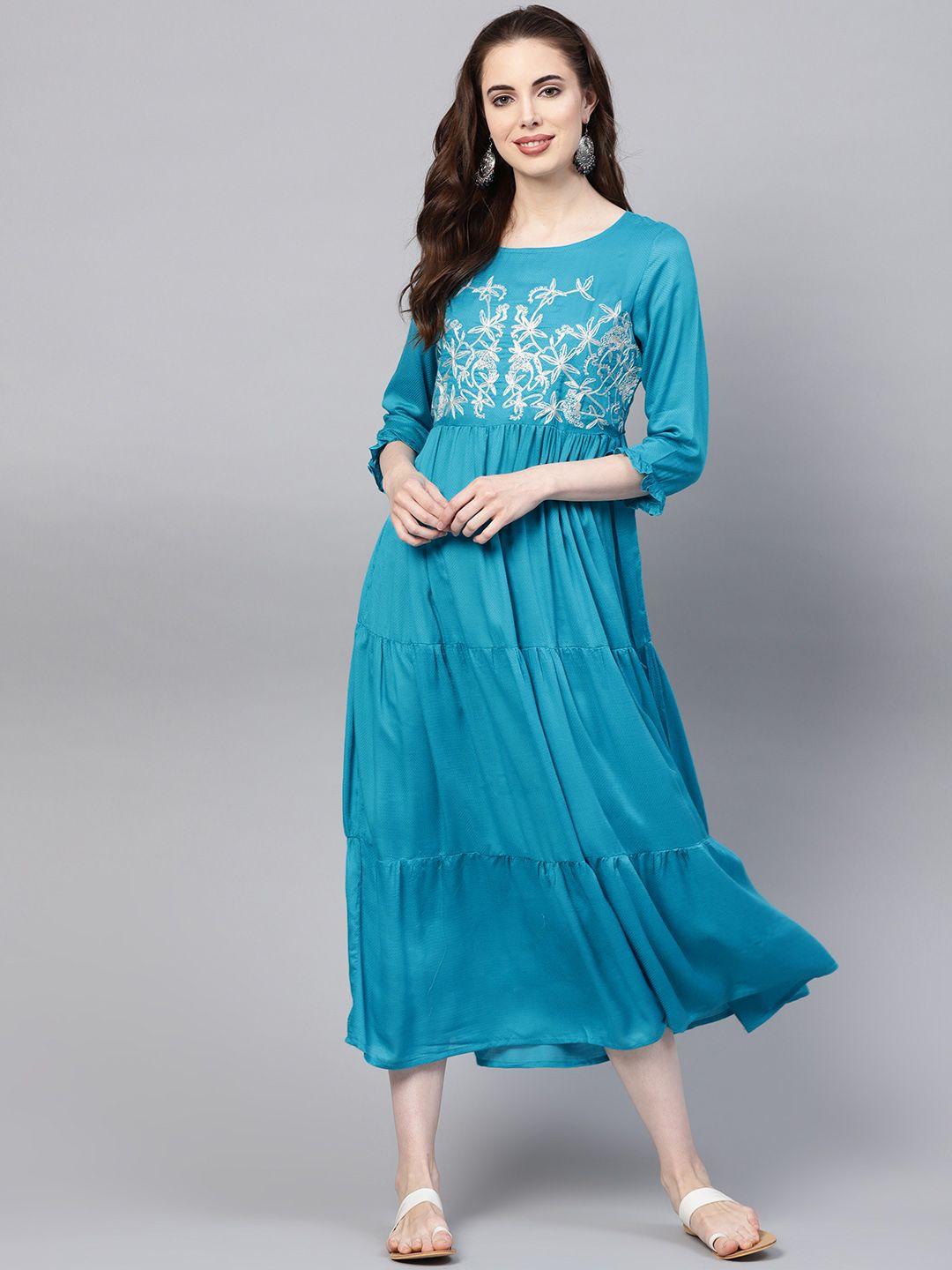 jaipur kurti turquoise blue self design tiered empire dress