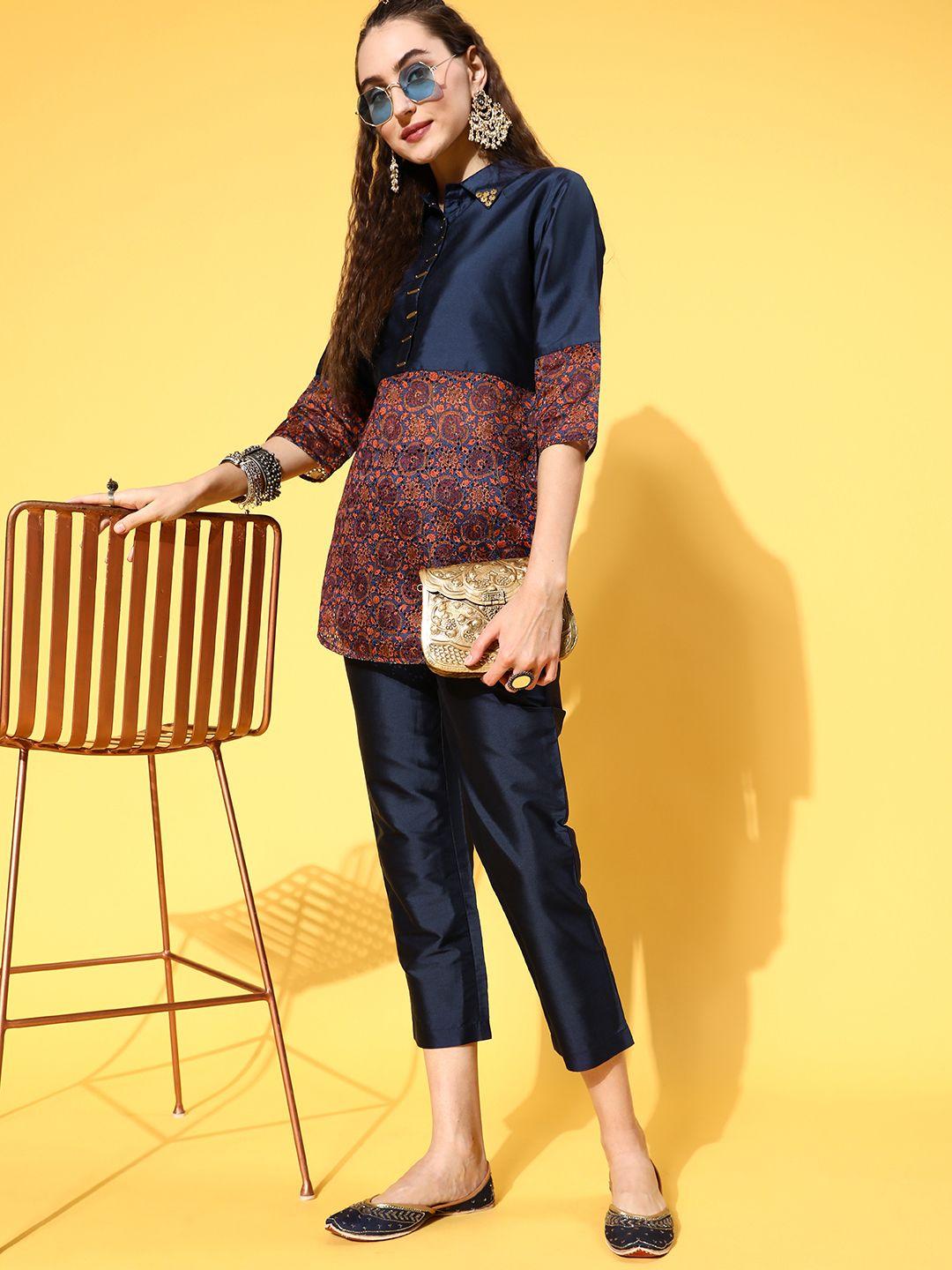 jaipur kurti women  navy blue printed shirt with solid trousers