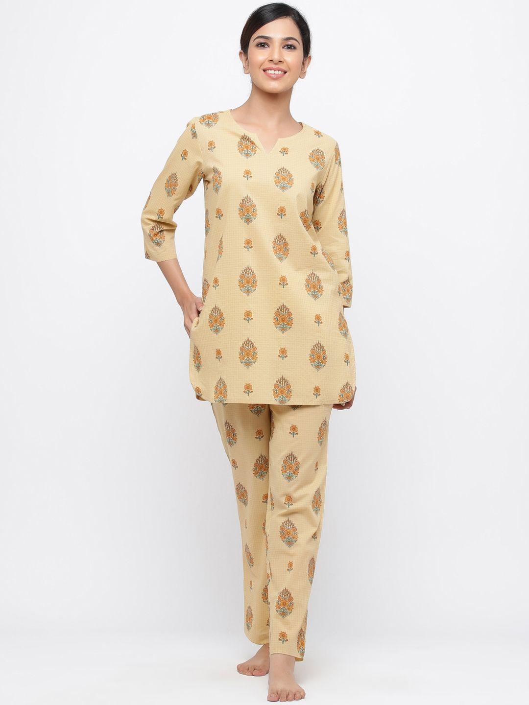 jaipur kurti women beige & green printed night suit