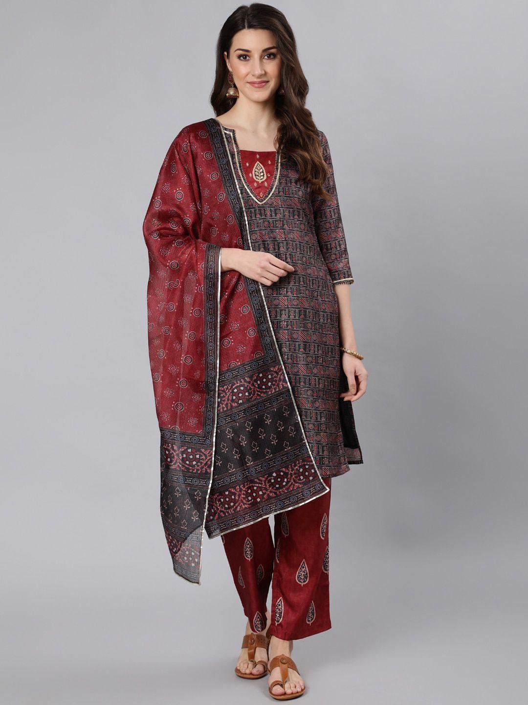 jaipur kurti women black ethnic motifs printed kurta with trousers & with dupatta