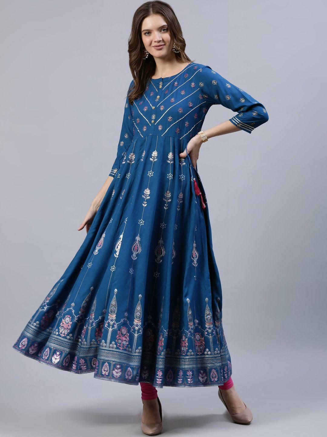 jaipur kurti women blue & pink ethnic motifs beaded embellishment printed anarkali kurta