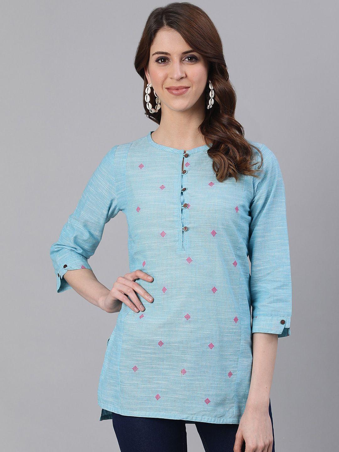 jaipur kurti women blue & pink woven design a-line kurti