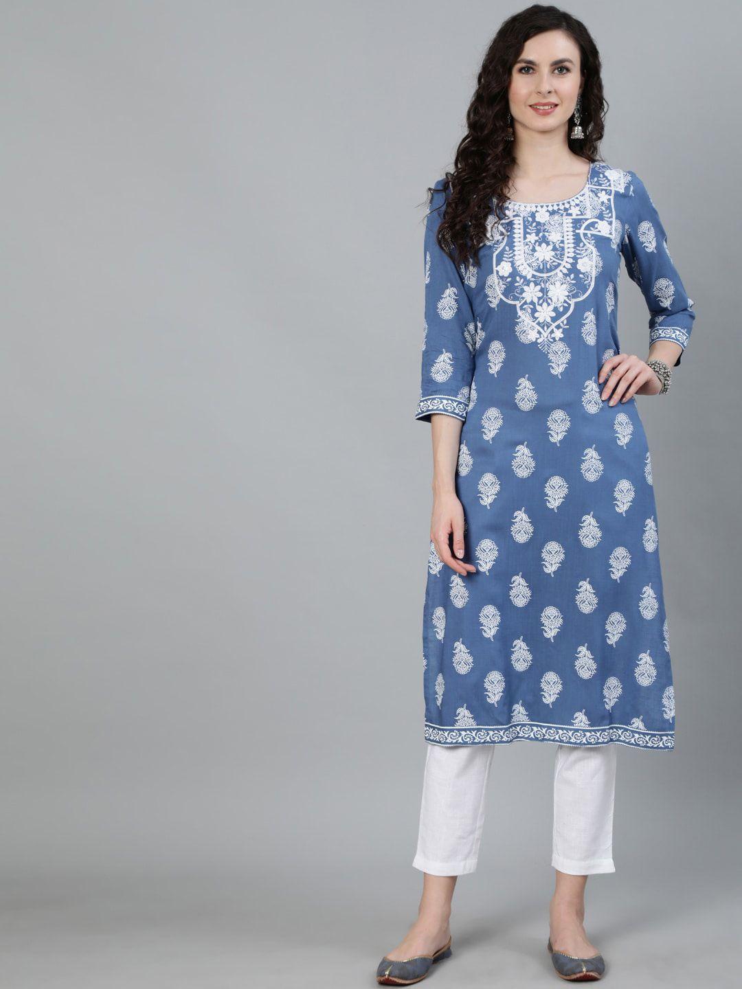 jaipur kurti women blue ethnic motifs printed thread work kurta