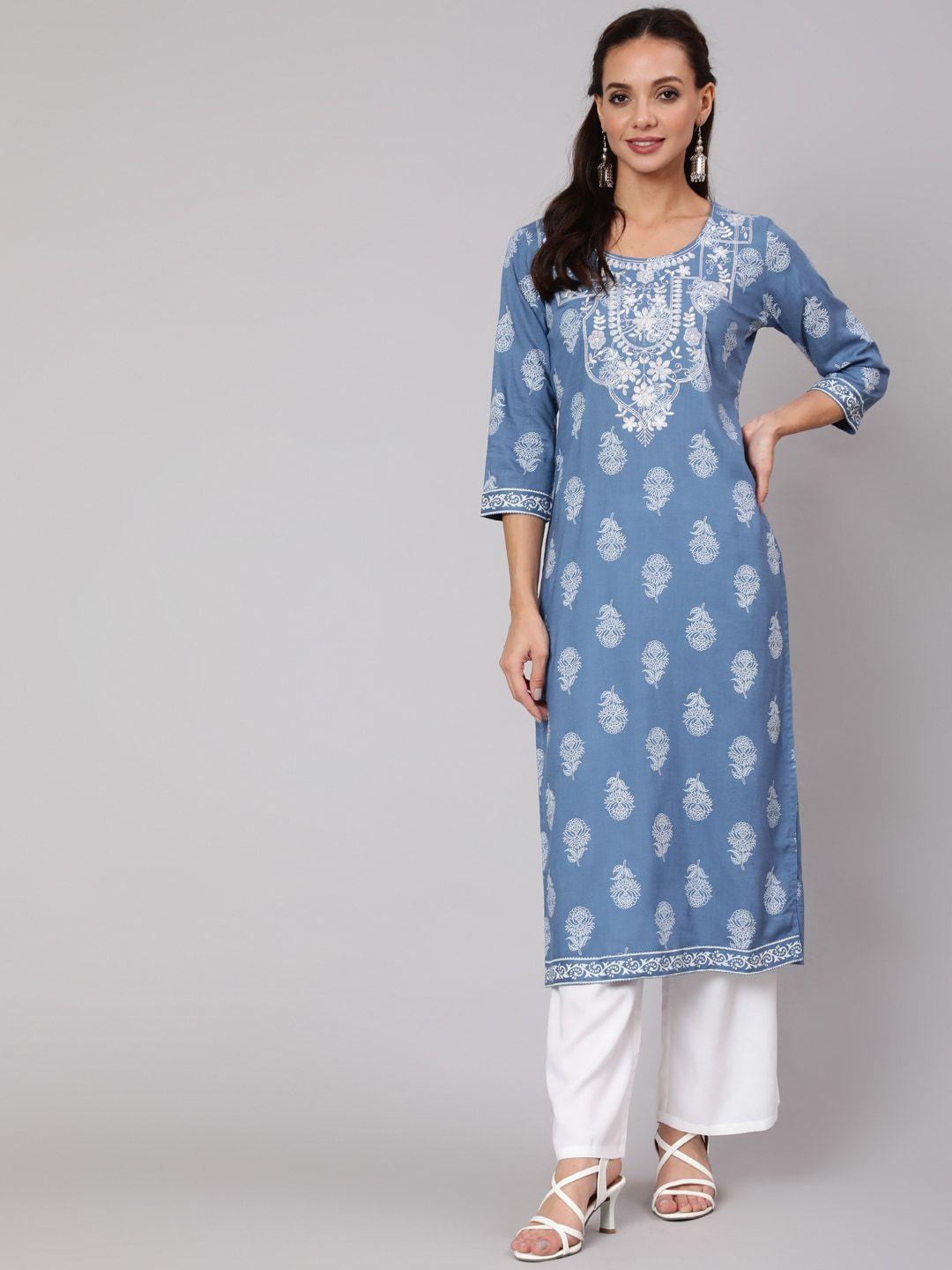 jaipur kurti women blue ethnic motifs yoke design panelled kurti with palazzos
