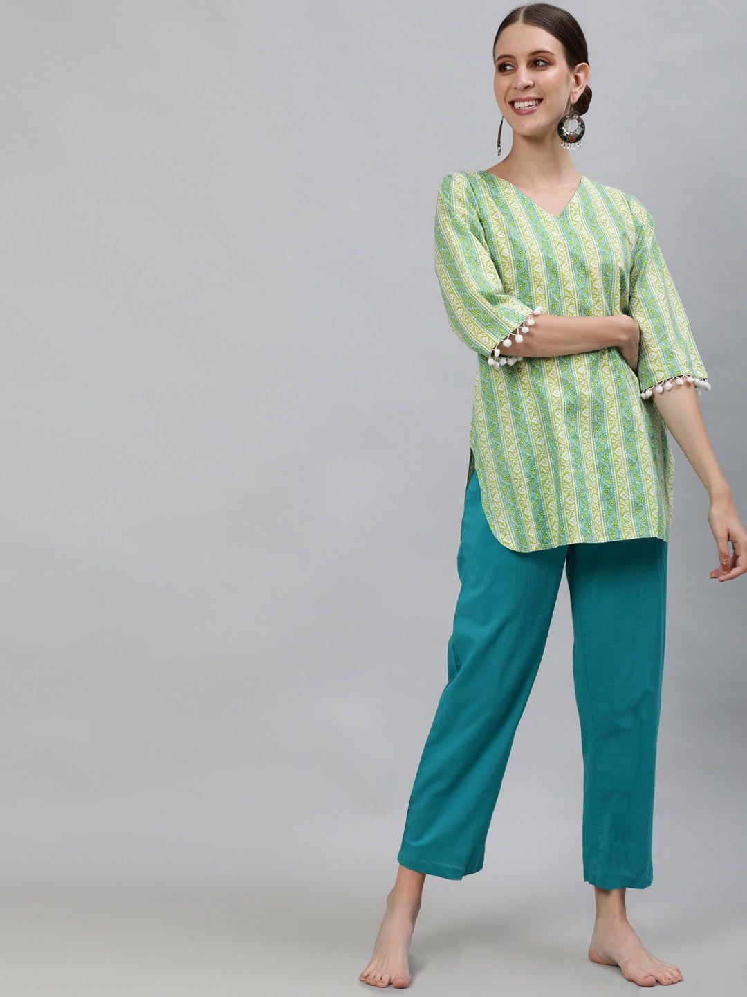 jaipur kurti women green & blue printed night suit