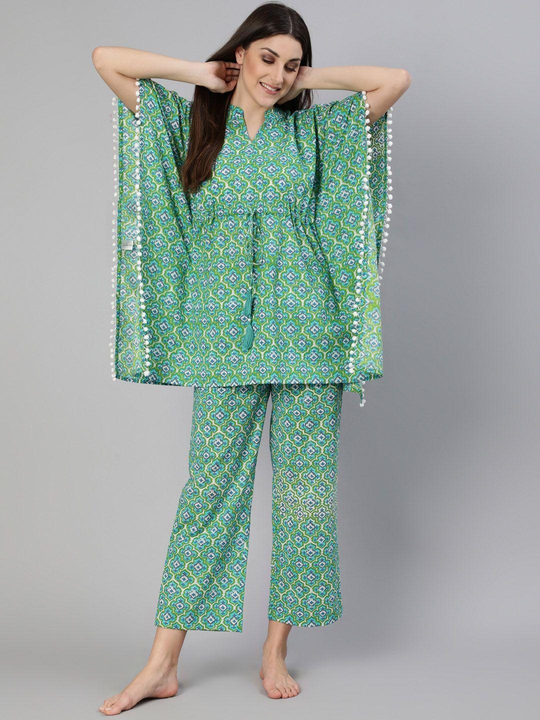 jaipur-kurti-women-green-&-white-printed-pure-cotton-night-suit