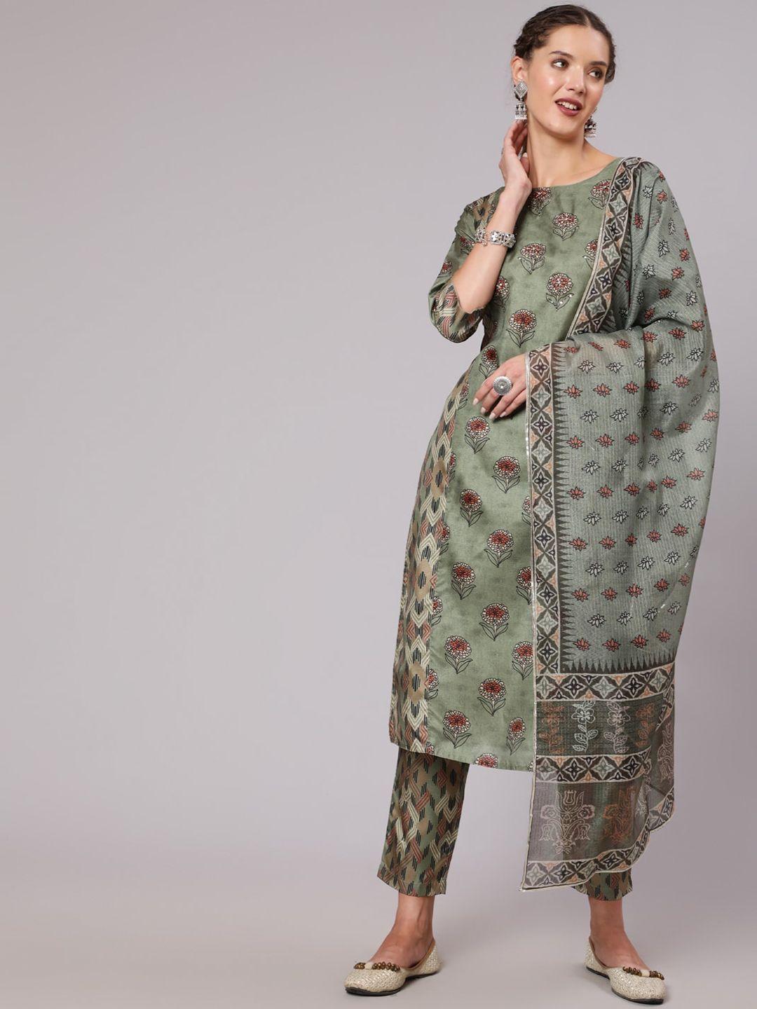 jaipur kurti women green ethnic motifs printed kurta with trousers & dupatta