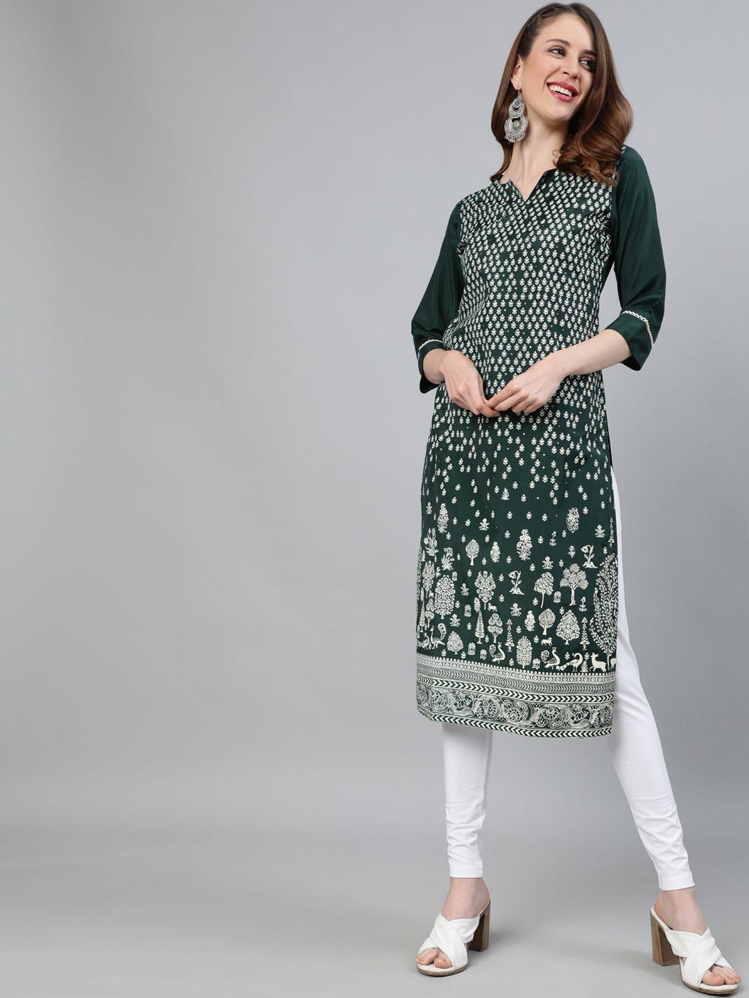 jaipur kurti women green ethnic motifs printed straight kurta