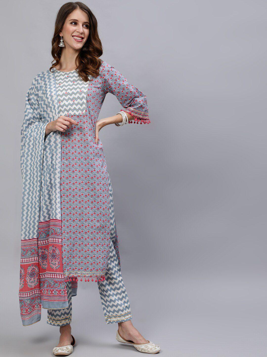 jaipur kurti women grey & red printed mirror pure cotton kurta with trousers & dupatta