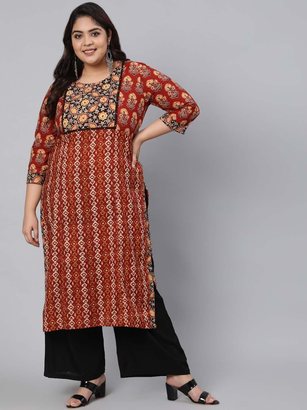 jaipur kurti women maroon plus size ethnic motifs printed straight kurta