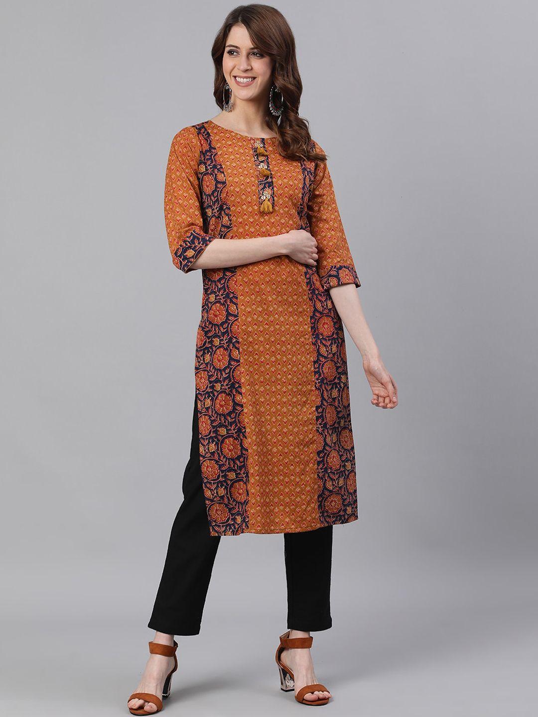jaipur kurti women mustard brown & black ethnic motifs printed kurta