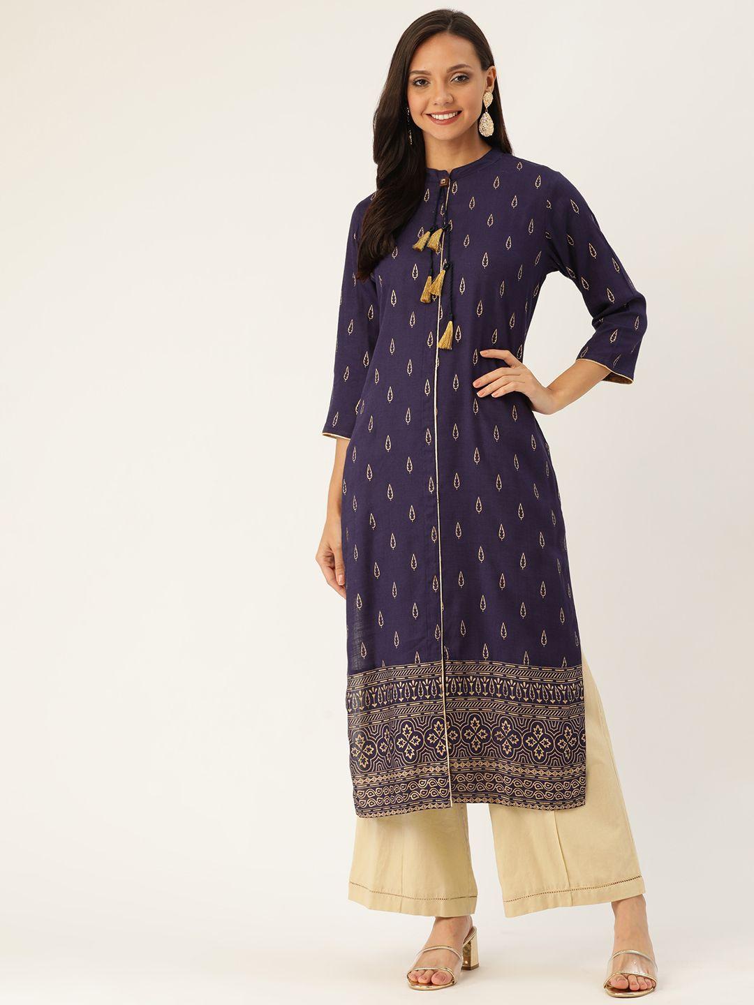 jaipur kurti women navy blue & golden printed straight kurta