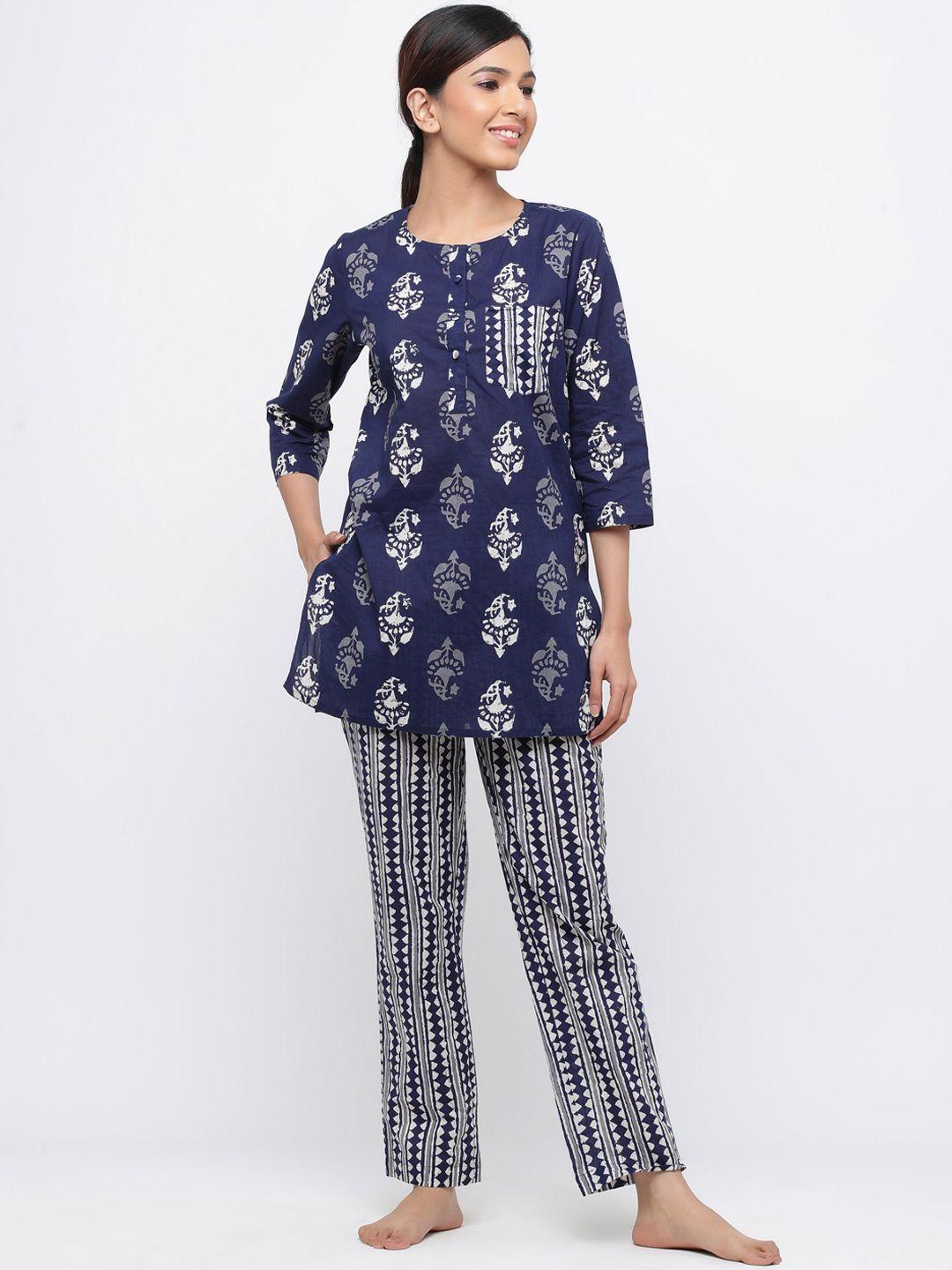 jaipur-kurti-women-navy-blue-&-white-printed-night-suit